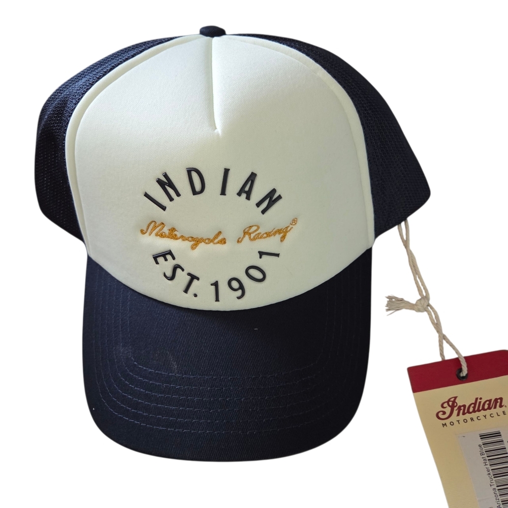 Indian Motorcycle Cream and Navy With snap Enclosure Baseball Cap, NWT.